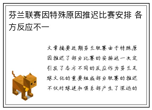 芬兰联赛因特殊原因推迟比赛安排 各方反应不一