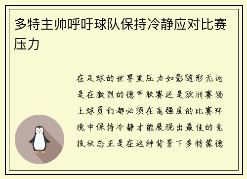 多特主帅呼吁球队保持冷静应对比赛压力