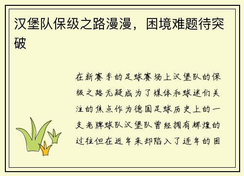 汉堡队保级之路漫漫，困境难题待突破