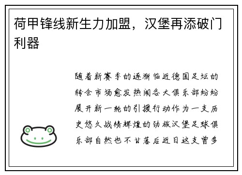 荷甲锋线新生力加盟，汉堡再添破门利器